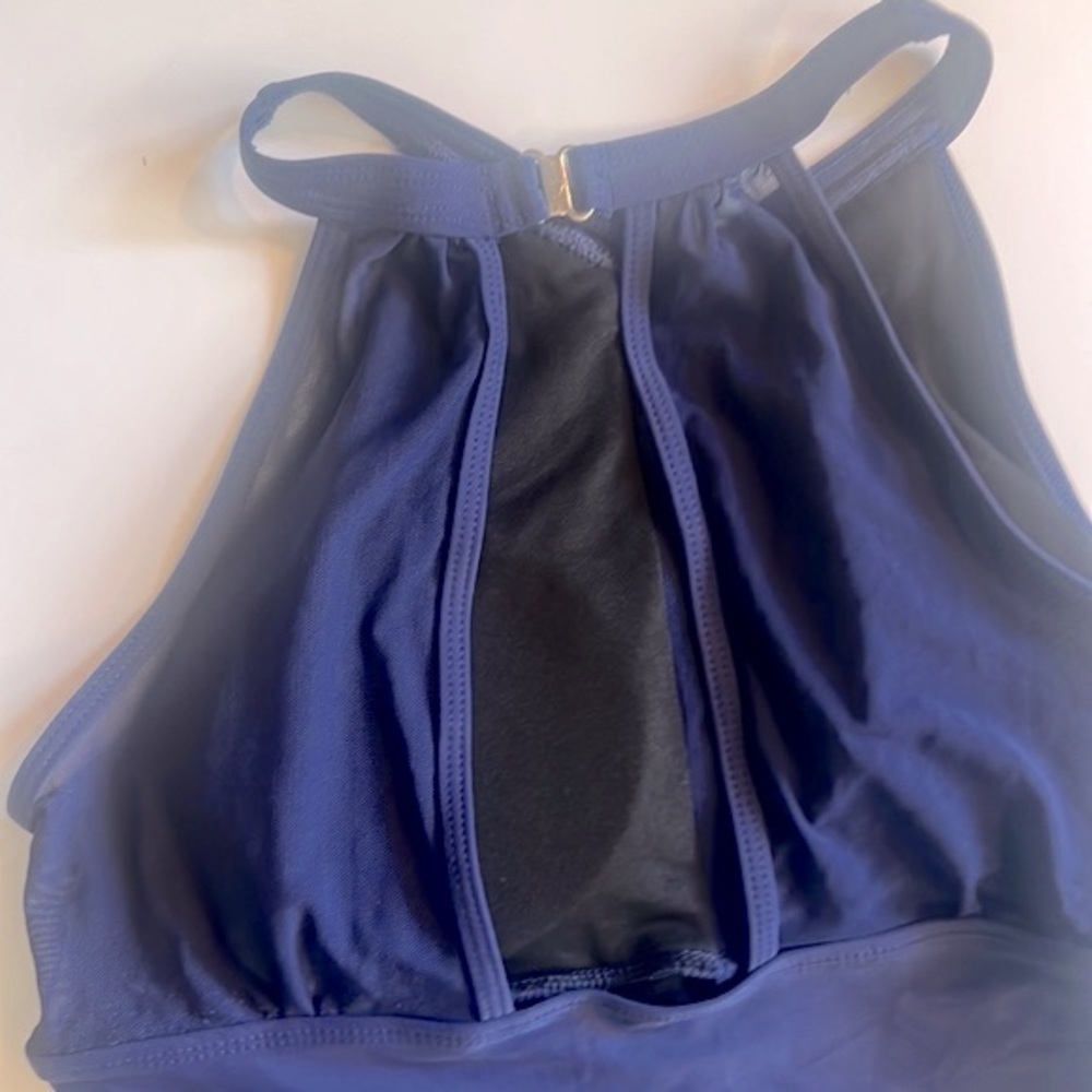 NWT Tempt Me navy blue high neck plunge mesh ruched swimsuit, size medium - Picture 6 of 9